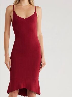 L'AGENCE Ribbed Scallop-Trim Slip Dress in Deep Red